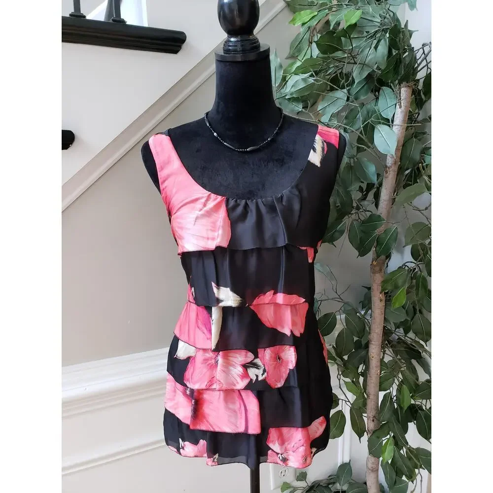 White House Black Market Tank Top Womens M Black Pink Floral Layered Scoop Neck - Picture 2 of 10